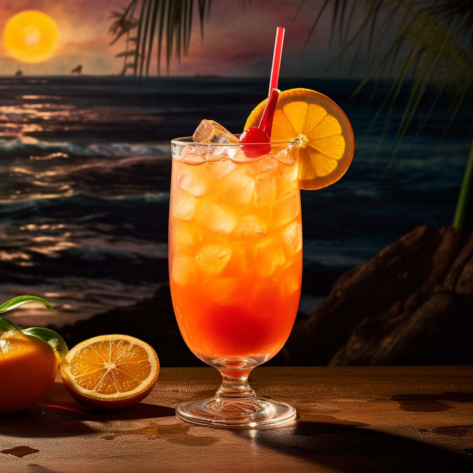 Der Hurricane, garniert mit Orange und Cocktail-Kirsche.