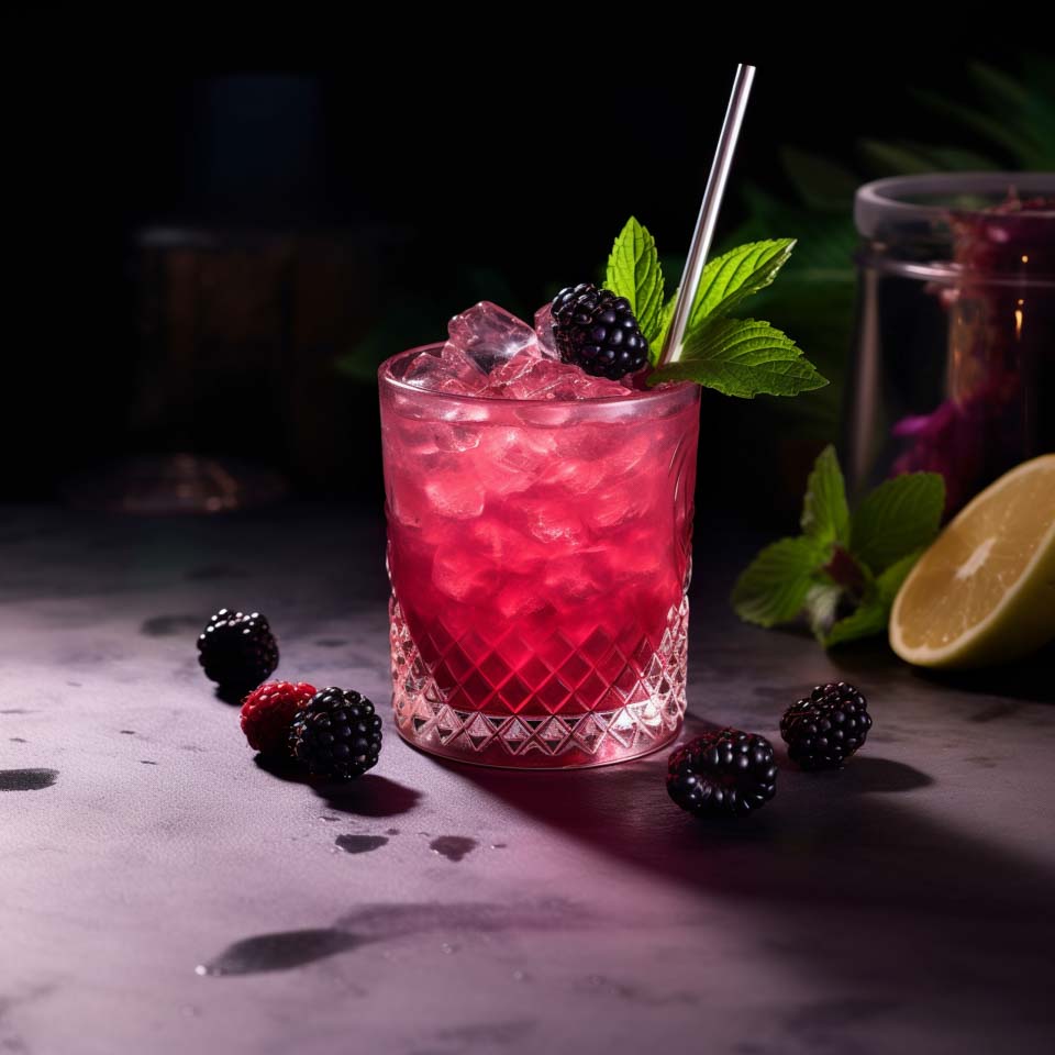 Ein Bramble Cocktail, garniert mit Brombeeren und Minze.