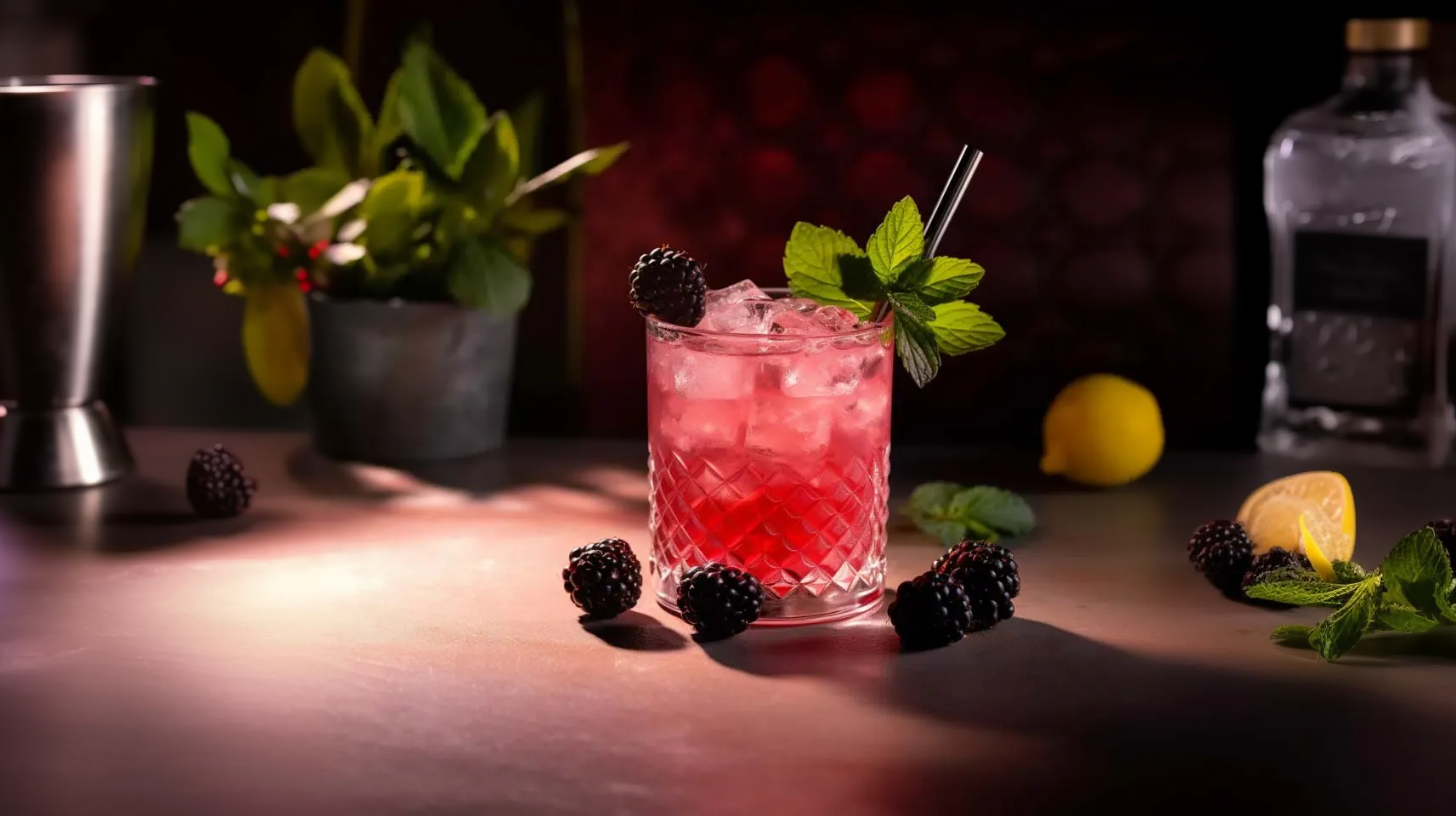 Ein Bramble Cocktail aus Gin, Crème de Mûre, Zitronensaft, Zuckersirup und Brombeeren.