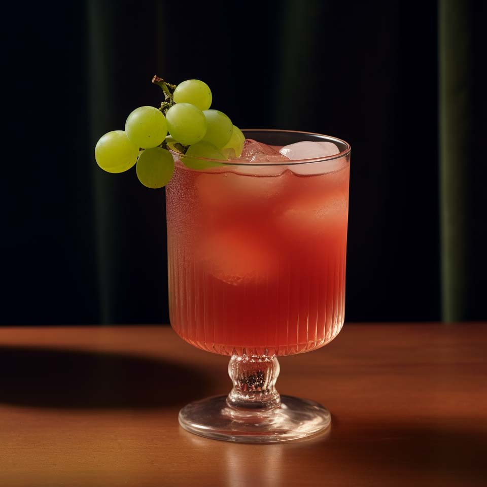 Ein Enzoni Cocktail, garniert mit weißen Trauben.