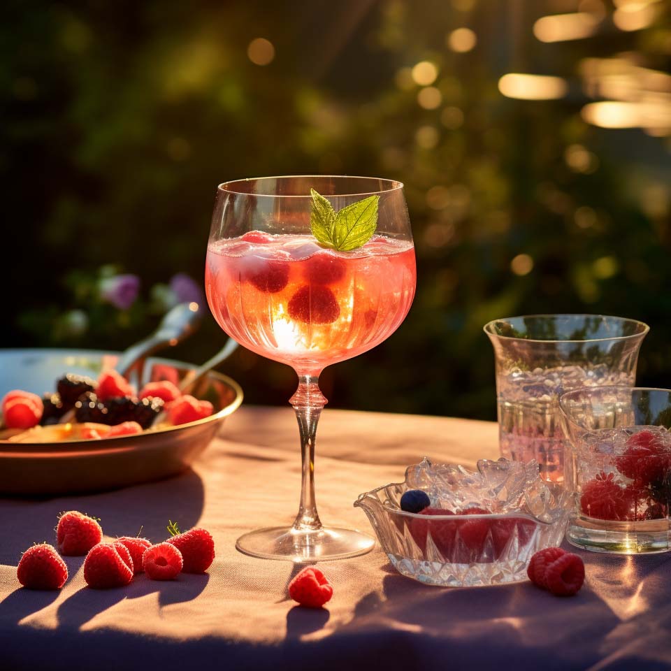 Ein Lillet Wild Berry Cocktail garniert mit Beeren und Minze.