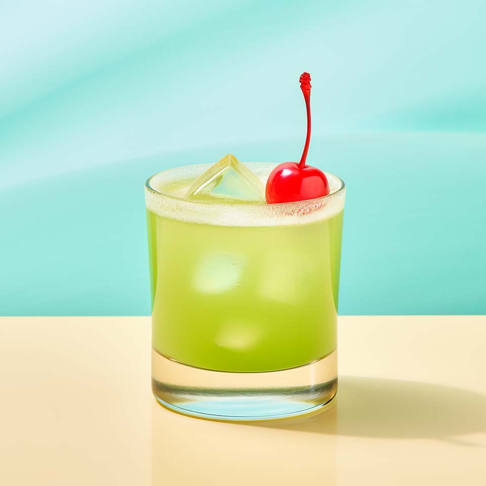 Ein Midori Sour, garniert mit einer knallroten Cocktailkirsche.