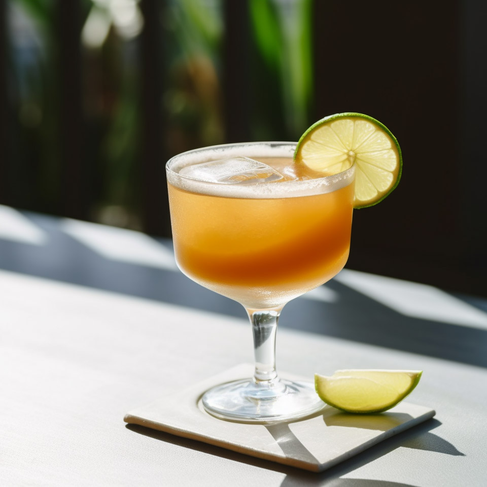 Der Ranglum Cocktail serviert in einem breiten Stilglas. Dies ist keine Coupette mit Eis.