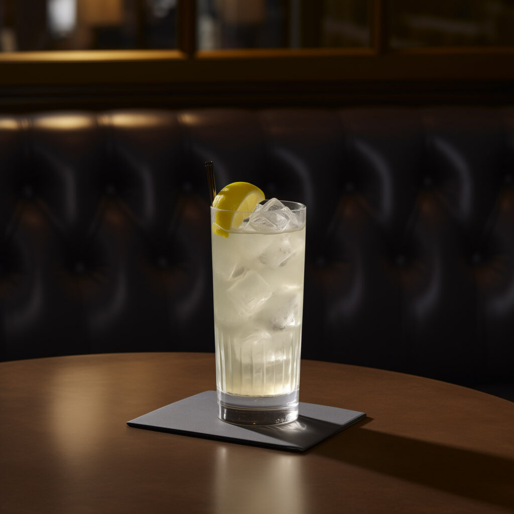 Ein Tom Collins Cocktail in einer Bar.