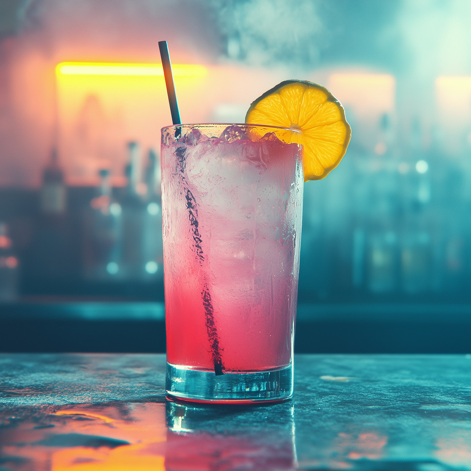 Ein Long Beach Iced Tea in einem mit Eis gefüllten hohen Glas mit einer Orangenscheibe am Rand, auf einer dunkelblauen Barplatte sitzend, mit Neonlicht und einem unscharfen, rauchgefüllten Hintergrund, eine Produktfotografie-Szene.