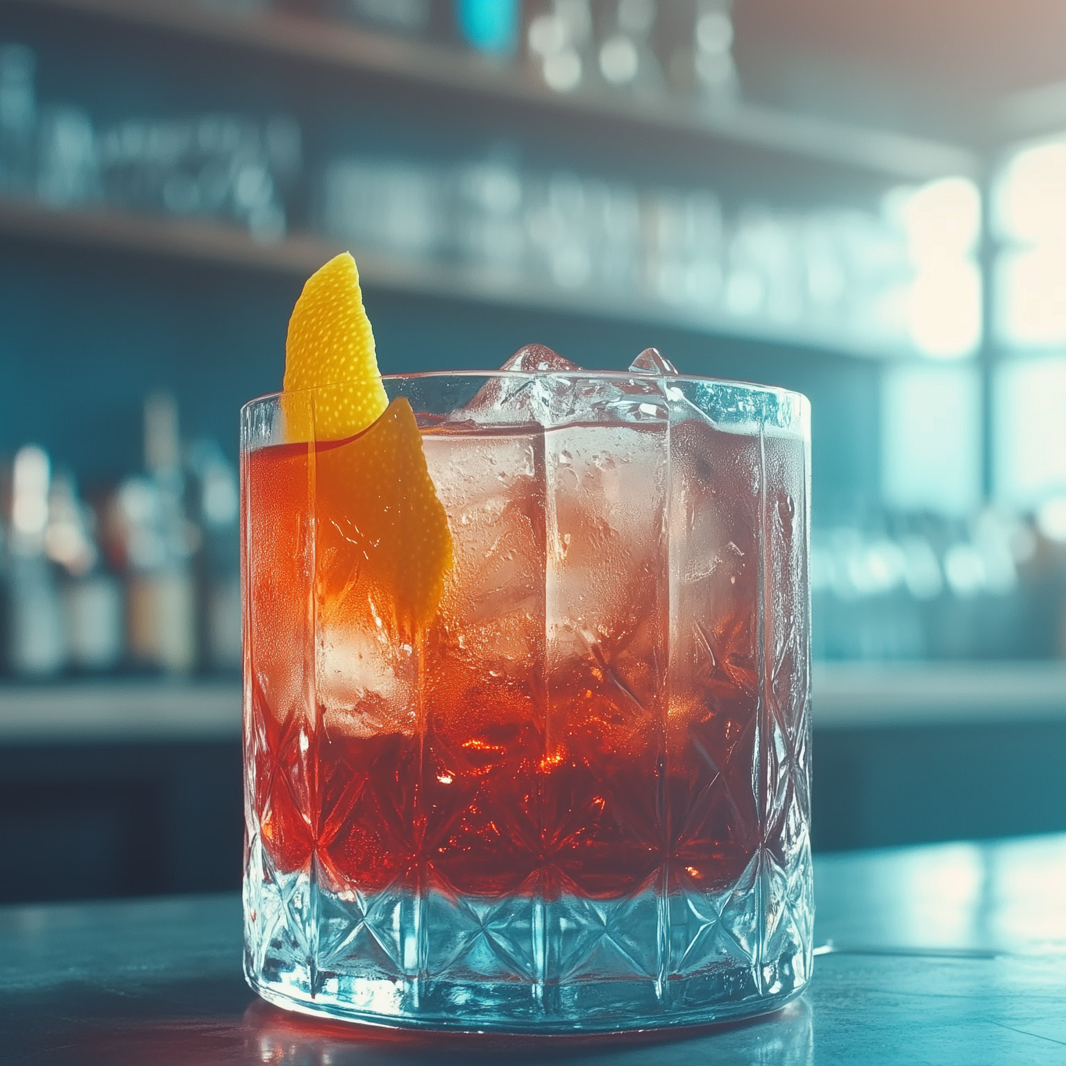 Ein hochauflösendes Foto eines Old Pal Cocktails in einem Kristallglas mit Eiswürfeln, garniert mit einer Orangenspirale an der Spitze. Der Hintergrund ist unscharf, um das Getränk hervorzuheben. Es steht vor dem Hintergrund eines modernen Barinterieurs. Das weiche Licht hebt die leuchtend rote Farbe und die komplizierten Schnittmuster hervor. Das Bild wurde aus Augenhöhe mit einer Canon EOS R5 Kamera mit Standardobjektiv im Stil der Werbefotografie aufgenommen.