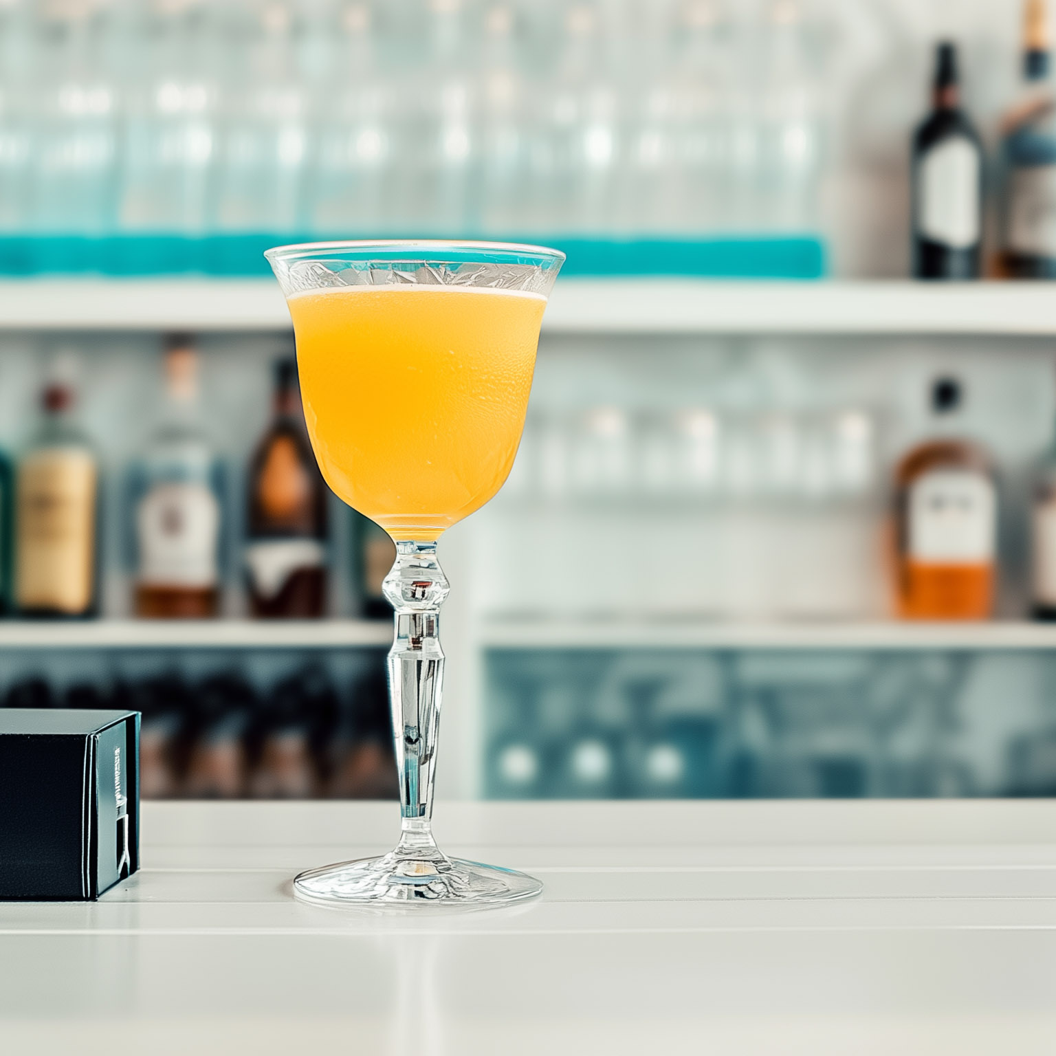 Ein Pegu Club Cocktail in einem eleganten Glas, der auf dem Tresen einer modernen Bar mit weißen Wänden und blauen Details steht. Der Hintergrund ist unscharf, um die Aufmerksamkeit auf das Getränk zu lenken. Das Glas hat ein ausgefallenes Design und steht aufrecht. Davor befindet sich ein schwarzes, quadratisches Metallgerät für die Dekoration mit Laserstrahlen. Dahinter sind Bareinrichtungen und Flaschen zu sehen. Eine goldene, orangefarbene Spirituose füllt den größten Teil des Getränks aus. Er sieht sehr erfrischend aus. Helles Tageslicht erhellt die Szene von oben.