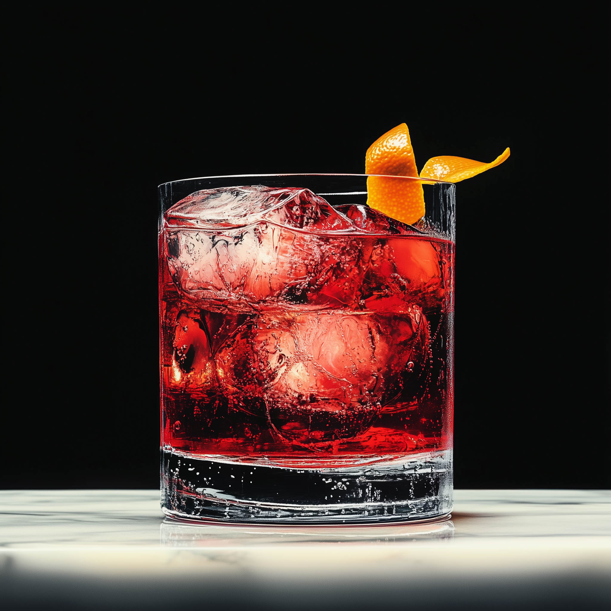 Ein Squeaky Wheel Cocktail, garniert mit einer Orangenzeste.