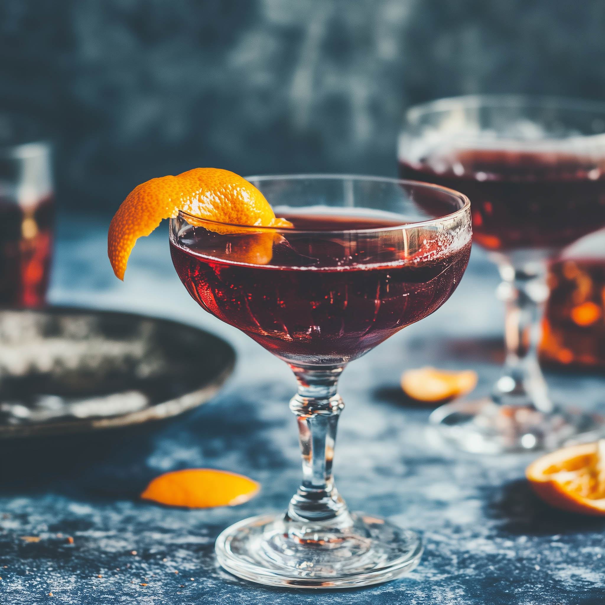 Der 1910 Cocktail, garniert mit einer Orangenzeste.