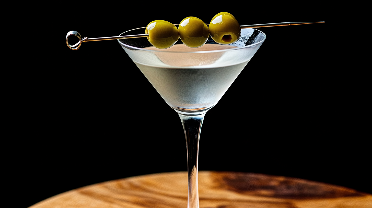 Ein Dirty Martini mit Gin, Wermut und Olivenlake.