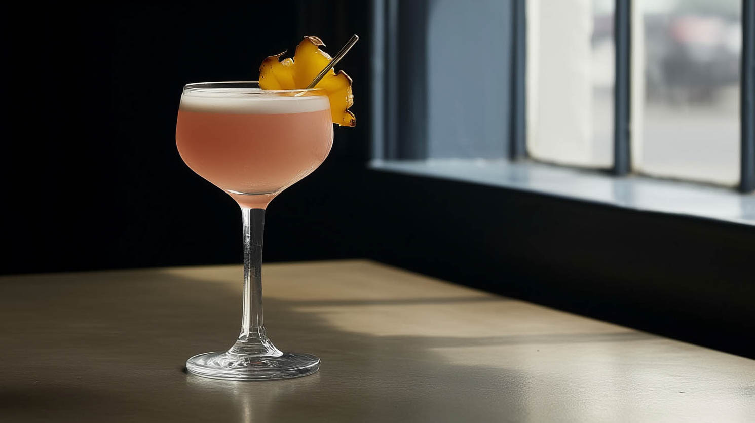 Ein Mary Pickford Cocktail mit weißem Rum, Ananassaft, Maraschino und Grenadine.