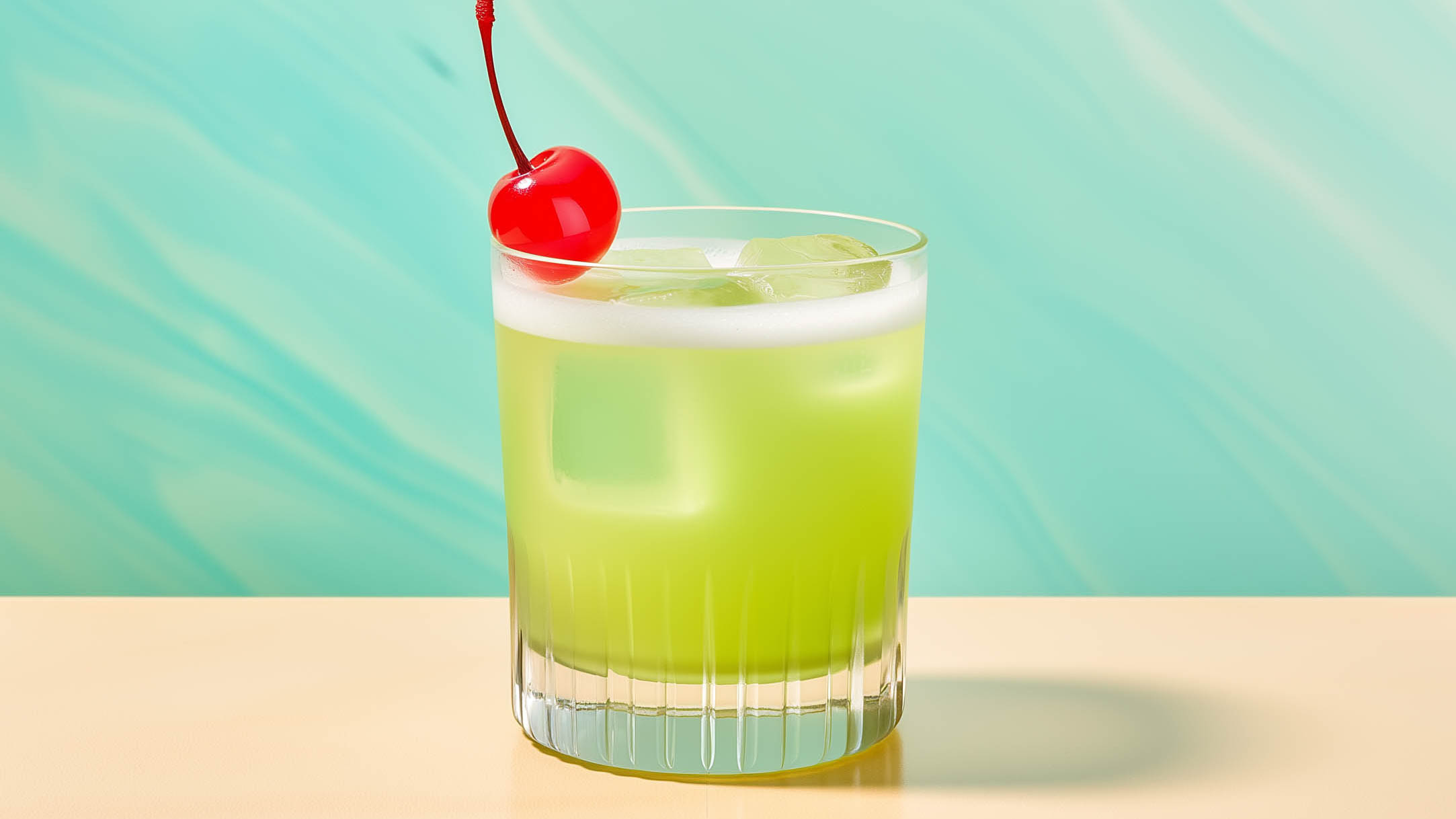 Ein Midori Sour mit Midori-Likör, Limettensaft, Zitronensaft und Soda.