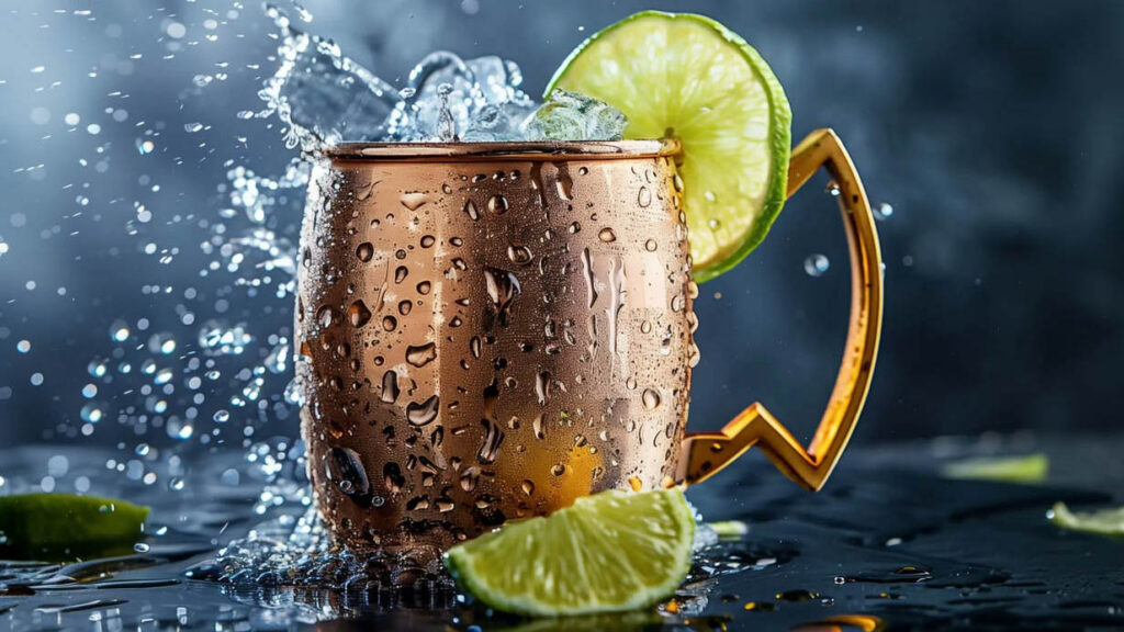 Ein Moscow Mule Cocktail im ikonischen Kupferbecher.