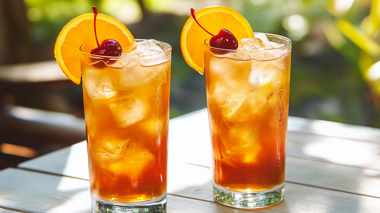 Ein klassischer Sex on the Beach mit Wodka, Pfirsichlikör, Orangensaft und Cranberrysaft.