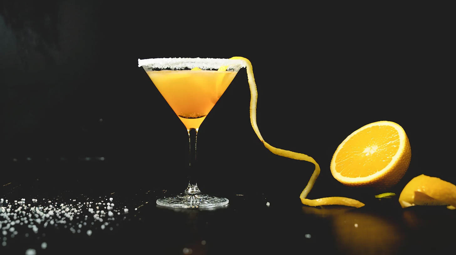 Ein Sidecar-Cocktail aus Zitronensaft, Cointreau und Cognac, garniert mit einem Zuckerrand und einer Orangenzeste.