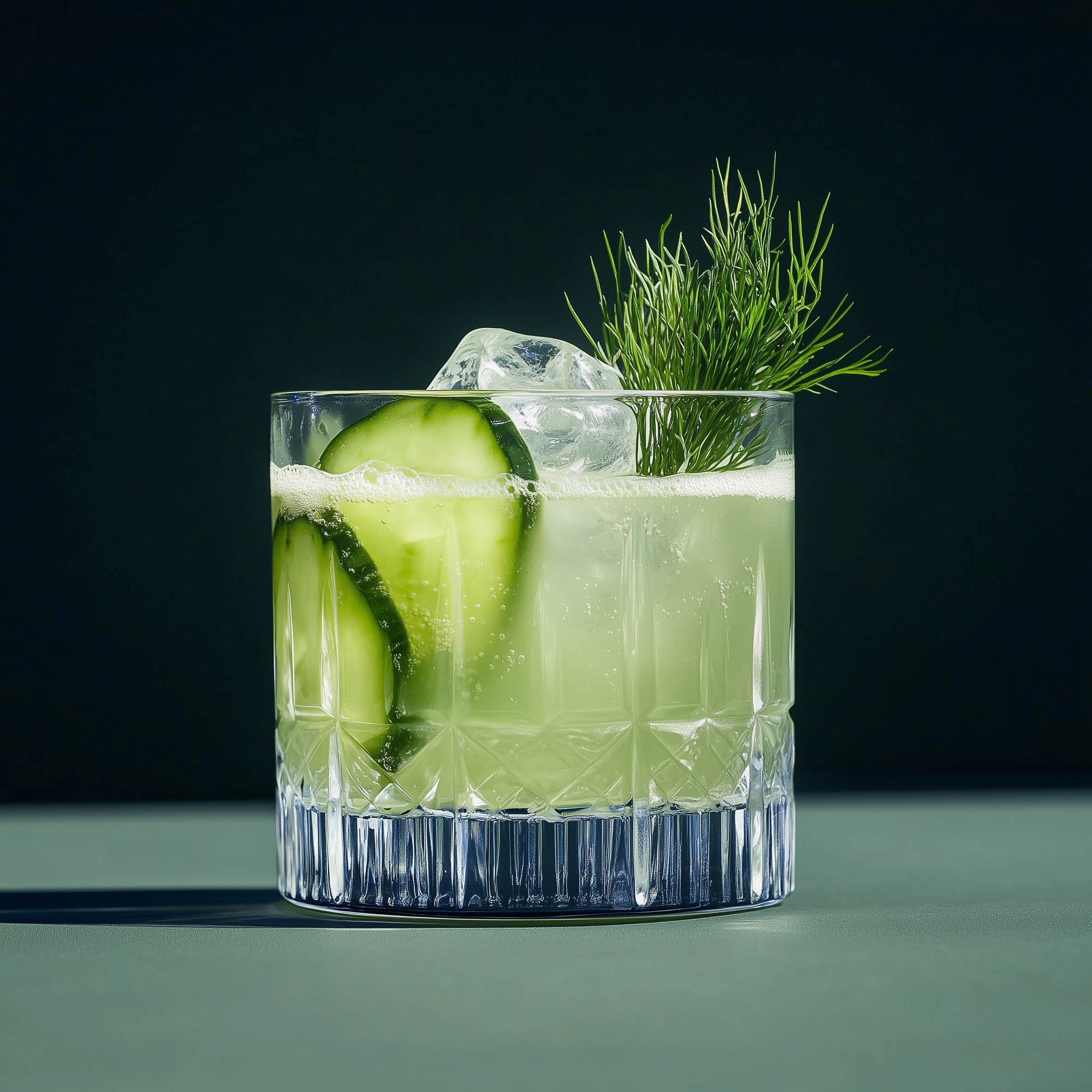 Ein Stella in Love Cocktail, garniert mit Gurke und Dill.
