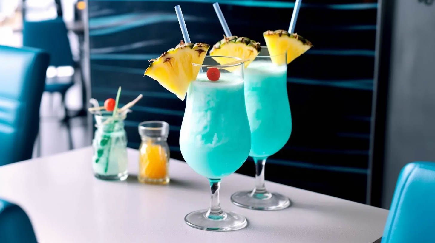 Ein Swimming Pool Cocktail aus Ananas, Kokosnuss, Blue Curaçao und jeder Menge Rum und Wodka.