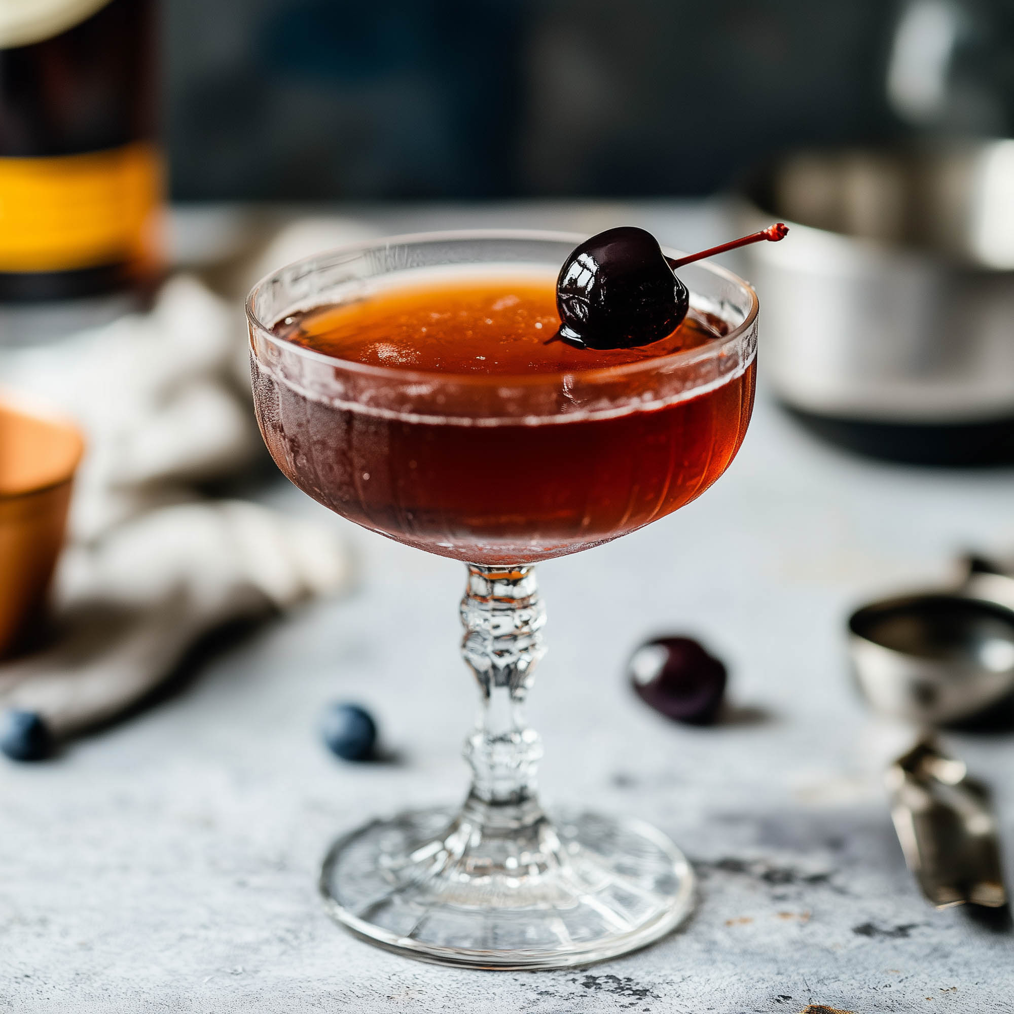 Ein European Union Cocktail, garniert mit einer Cocktail-Kirsche.