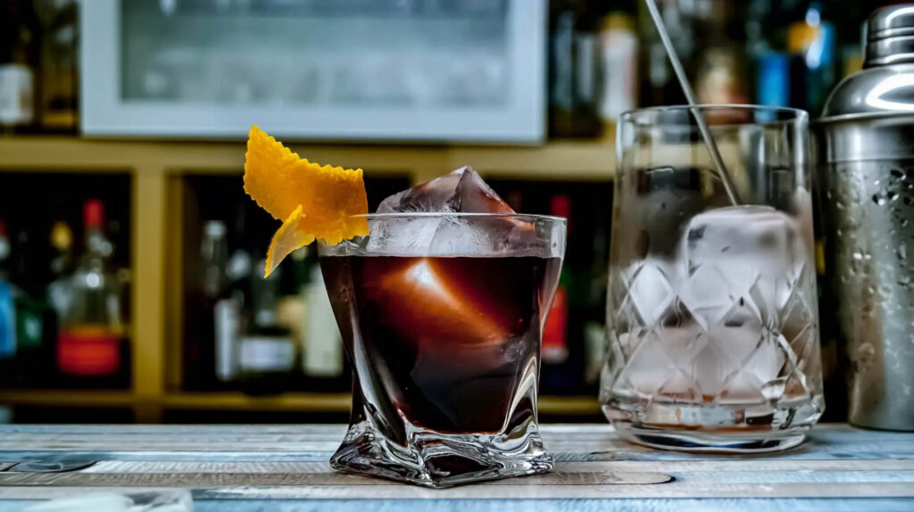 Ein Boulevardier-Cocktail mit Bourbon, rotem Wermut und Campari.