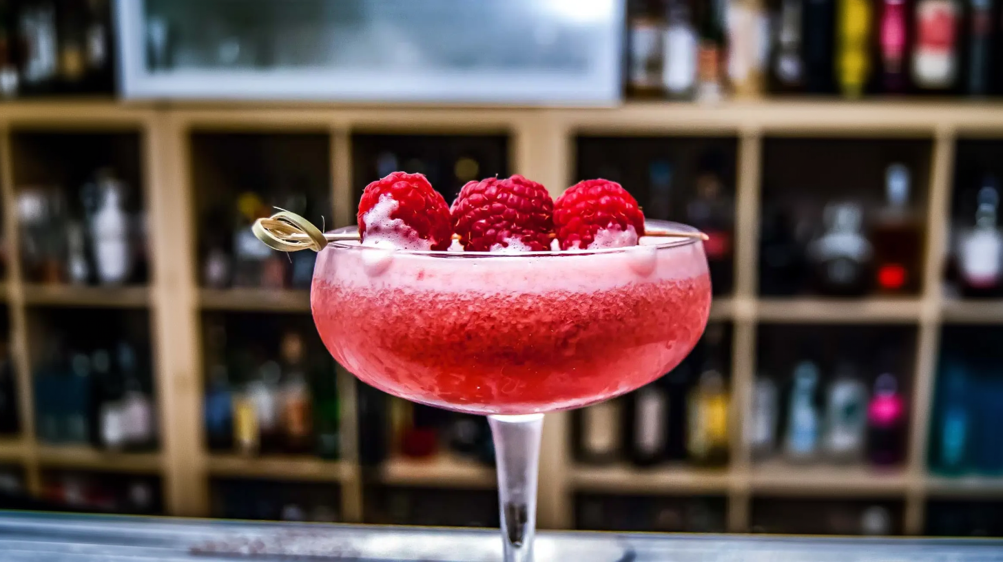 Der Clover Club Cocktail, garniert mit frischen Himbeeren.