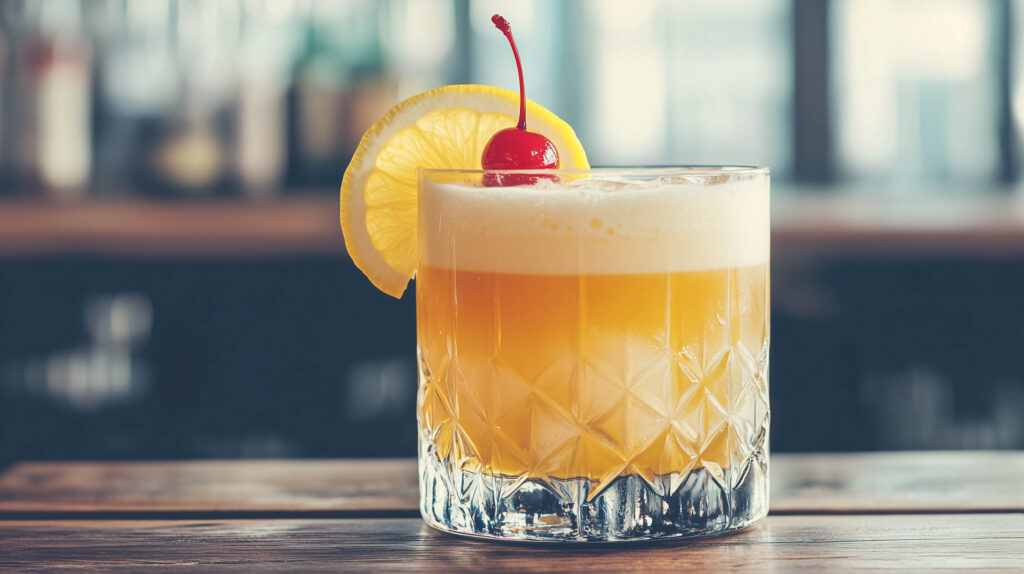 Ein Whiskey Sour mit Bourbon Whiskey, Zitronensaft, Zuckersirup und Eiweiß.