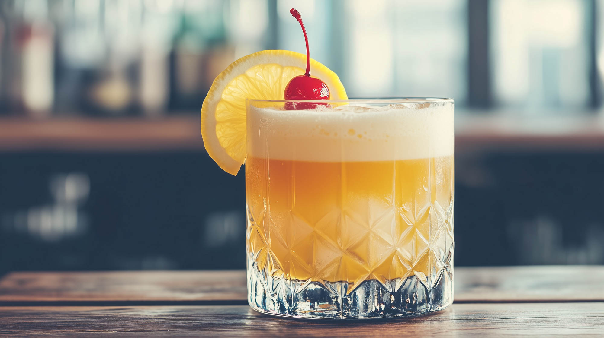 Ein Whiskey Sour mit Bourbon Whiskey, Zitronensaft, Zuckersirup und Eiweiß.