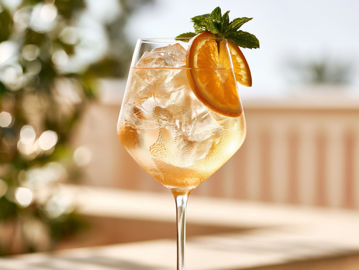 Lillet Spritz Cocktail im Weinglas mit Eis, Orangenscheibe und Minze