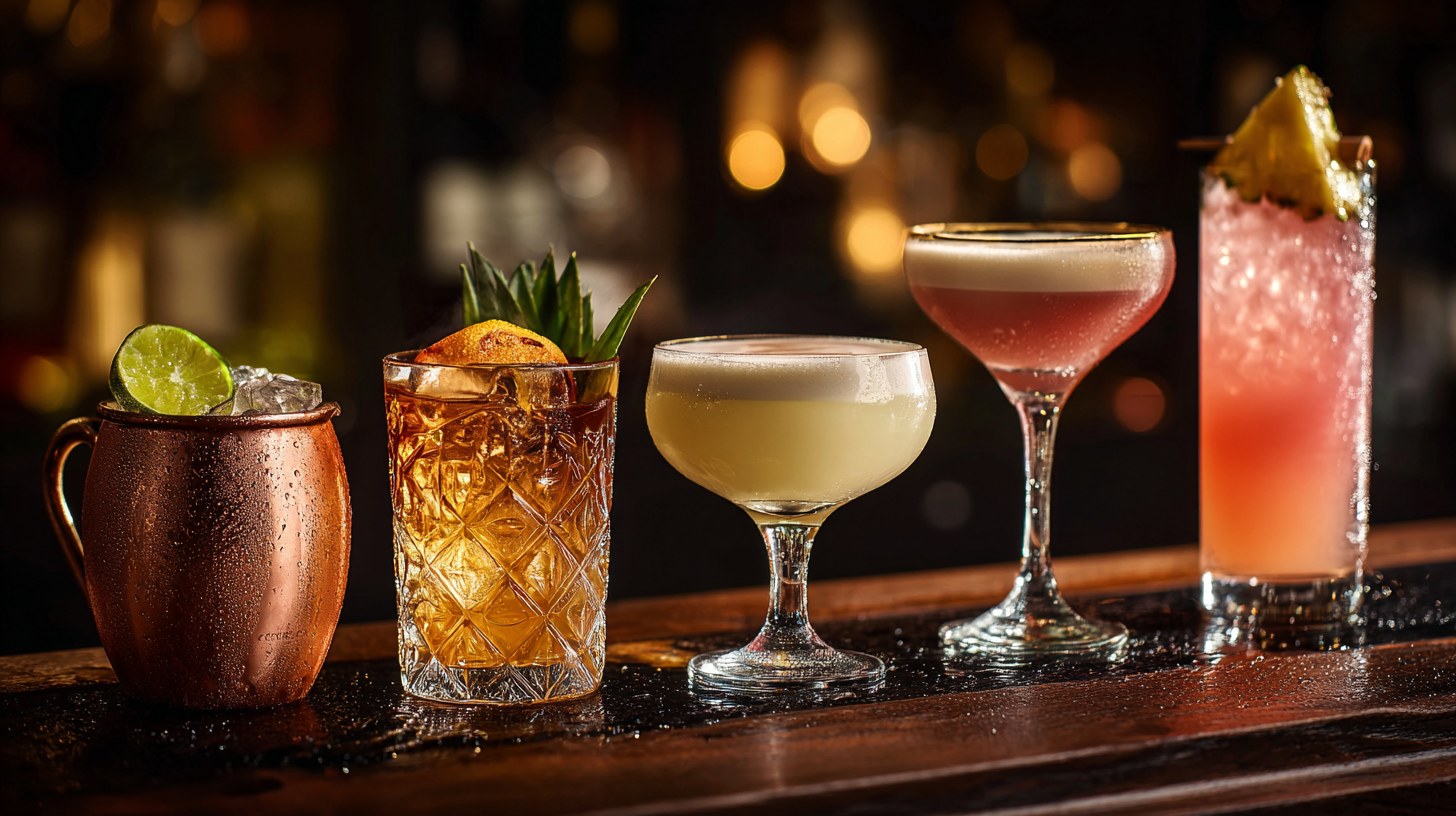 Fünf klassische Cocktails aufgereiht auf einem Bartresen: Moscow Mule im Kupferbecher, Old Fashioned, Sour, Cosmopolitan und ein tropischer Drink